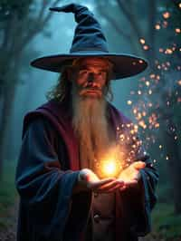 man as a Wizard with a Wizard robe and big hat, crystal magic, dramatic light