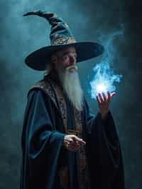 man as a Wizard with a Wizard robe and big hat, crystal magic, dramatic light