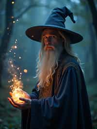 man as a Wizard with a Wizard robe and big hat, crystal magic, dramatic light