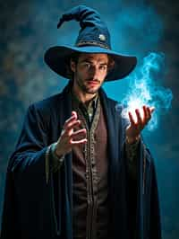 man as a Wizard with a Wizard robe and big hat, crystal magic, dramatic light