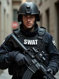 man as a SWAT Officer. wearing black swat vest, swat helmet, holding pdw