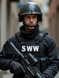 man as a SWAT Officer. wearing black swat vest, swat helmet, holding pdw