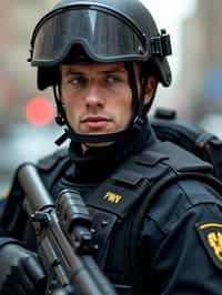 man as a SWAT Officer. wearing black swat vest, swat helmet, holding pdw