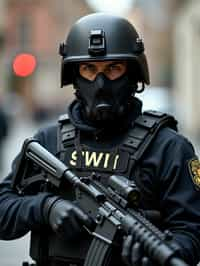 man as a SWAT Officer. wearing black swat vest, swat helmet, holding pdw