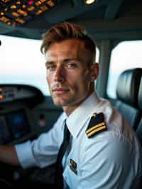 man as a Airline Pilot inside the Cockpit with white shirt Pilot Uniform