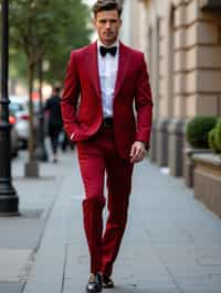 man in red tuxedo  showing cleavage walking on the curb in black shoes