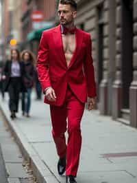 man in red tuxedo  showing cleavage walking on the curb in black shoes