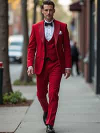 man in red tuxedo  showing cleavage walking on the curb in black shoes