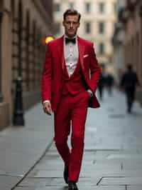 man in red tuxedo  showing cleavage walking on the curb in black shoes