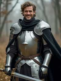 happy man as a Medieval Knight in silver armor, wearing a black elegant cape flowing in the wind, the knight holds a sword in one hand