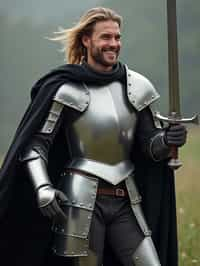 happy man as a Medieval Knight in silver armor, wearing a black elegant cape flowing in the wind, the knight holds a sword in one hand