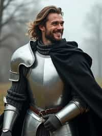 happy man as a Medieval Knight in silver armor, wearing a black elegant cape flowing in the wind, the knight holds a sword in one hand