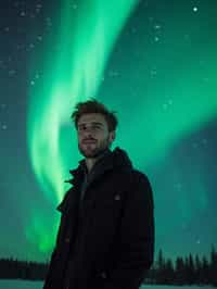 man at night at the Northern Lights Aurora Borealis