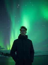 man at night at the Northern Lights Aurora Borealis