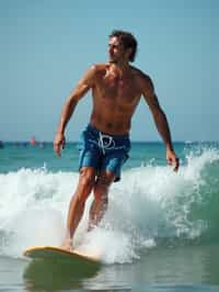 man as a Professional Surfer wearing swimwear on a Surf Board surfing in the ocean