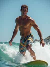 man as a Professional Surfer wearing swimwear on a Surf Board surfing in the ocean