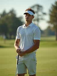 man as a Golfer on the Golf Course holding Golf Club wearing golf shorts or golf skirt, a collared shirt, golf pants