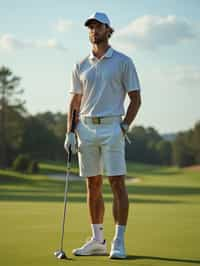 man as a Golfer on the Golf Course holding Golf Club wearing golf shorts or golf skirt, a collared shirt, golf pants