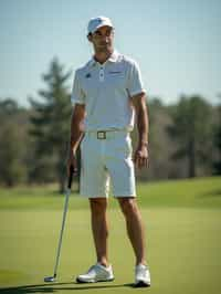 man as a Golfer on the Golf Course holding Golf Club wearing golf shorts or golf skirt, a collared shirt, golf pants