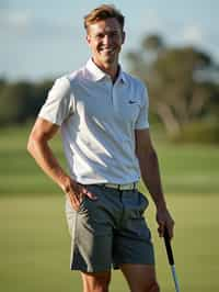 man as a Golfer on the Golf Course holding Golf Club wearing golf shorts or golf skirt, a collared shirt, golf pants