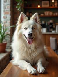 man in a Dog Cafe with many cute Samoyed and Golden Retriever dogs