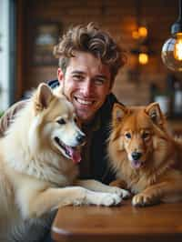 man in a Dog Cafe with many cute Samoyed and Golden Retriever dogs