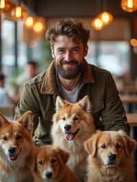 man in a Dog Cafe with many cute Samoyed and Golden Retriever dogs