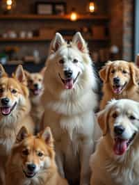 man in a Dog Cafe with many cute Samoyed and Golden Retriever dogs