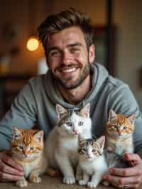 man in a Cat Cafe with many cute Cats and Kittens around them