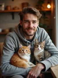 man in a Cat Cafe with many cute Cats and Kittens around them