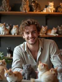 man in a Cat Cafe with many cute Cats and Kittens around them