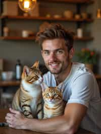 man in a Cat Cafe with many cute Cats and Kittens around them