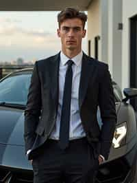 man wearing suit  posing in front of a sports car