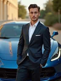 man wearing suit  posing in front of a sports car