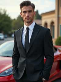 man wearing suit  posing in front of a sports car