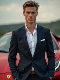 man wearing suit  posing in front of a sports car