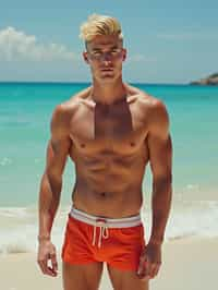 man as Ken from Barbie with swim trunks, shirtless, undercut blonde hairstyle.