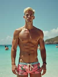 man as Ken from Barbie with swim trunks, shirtless, undercut blonde hairstyle.