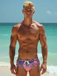 man as Ken from Barbie with swim trunks, shirtless, undercut blonde hairstyle.