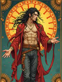 illustration of man as Mythical Tarot Cardin the style of moebius and mohrbacher and rossdraws and ross tran and alphonse mucha and ayami kojima, pixar style, maya engine, splash comics style, tarot card style, art nouveau, rich bright colours