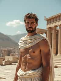 man as Ancient Greek philosopher in 500 B.C., Ancient Roman white clean new temple in background