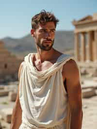 man as Ancient Greek philosopher in 500 B.C., Ancient Roman white clean new temple in background