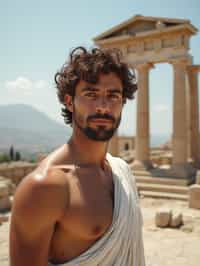 man as Ancient Greek philosopher in 500 B.C., Ancient Roman white clean new temple in background