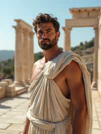 man as Ancient Greek philosopher in 500 B.C., Ancient Roman white clean new temple in background