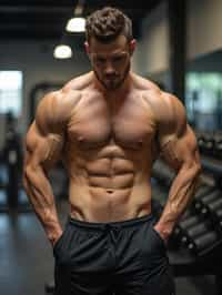 man in shorts and shirtless  in the fitness gym working out