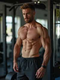 man in shorts and shirtless  in the fitness gym working out