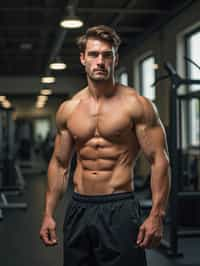 man in shorts and shirtless  in the fitness gym working out