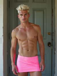 man as with platinum blonde hair and pink latex skirt