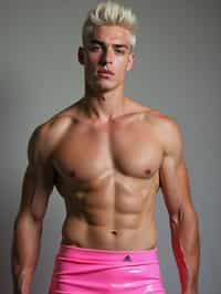 man as with platinum blonde hair and pink latex skirt