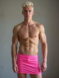 man as with platinum blonde hair and pink latex skirt